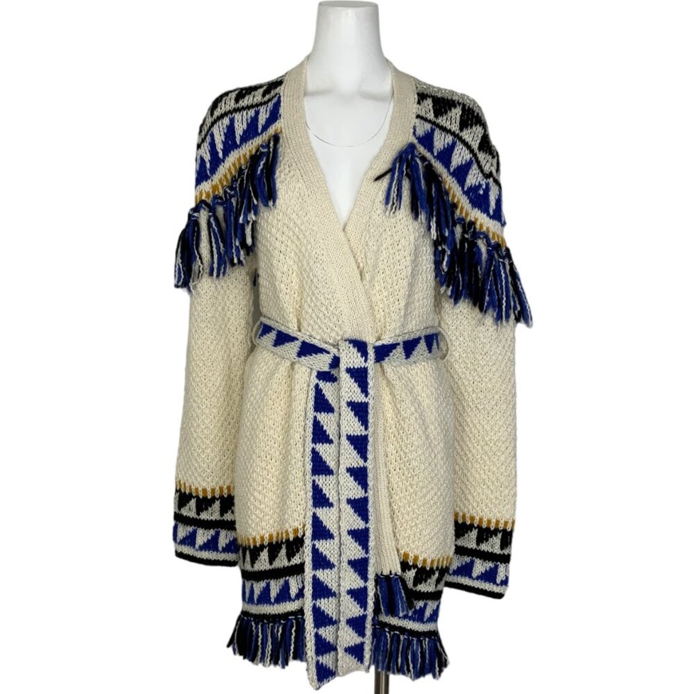 MOTHER Cream Knit Fringe Cardigan with Blue & Black Chevron Trim